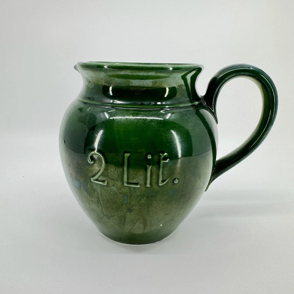 Williams Sonoma 2 Lit Green Stoneware Pitcher Farmhouse Crock Utensil Holder Jug